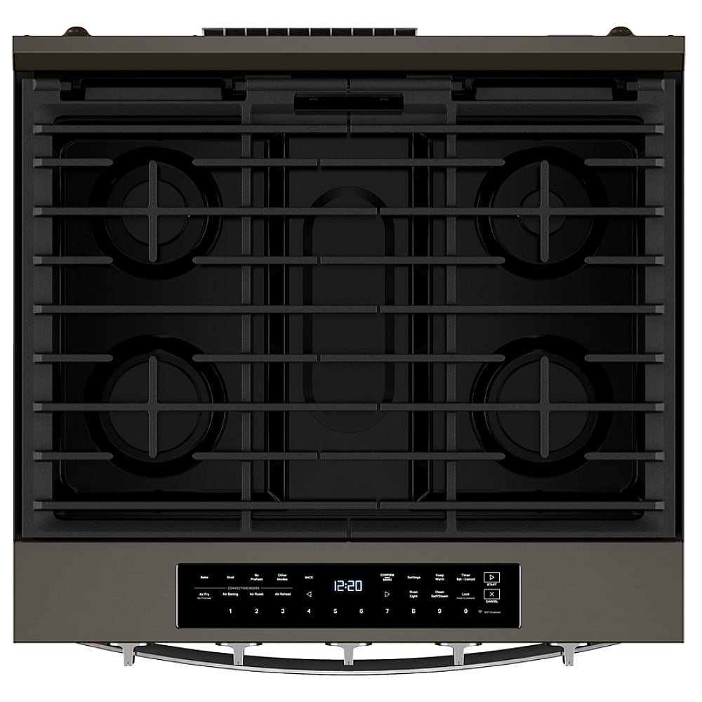 Whirlpool WSGS7530RV Gas Range, 5.3 cu. ft. Capacity, 30 inch Exterior Width, Self Clean, True Convection, 5 Burners, Storage Drawer, Air Fry, 18,000 BTU Highest Burner, Black Stainless Steel color