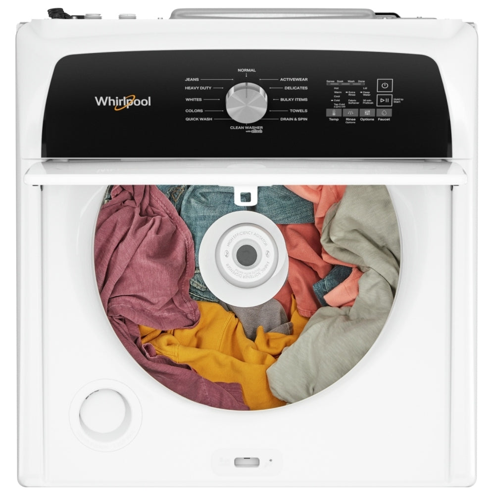 Whirlpool WTW5015LW Top Load Washer, 5.2 cu. ft. Washer Capacity, 12 Wash Cycles, 5 Temperature Settings, 770 RPM Washer Spin Speed, White colour (Contains Agitator), Water Faucet
