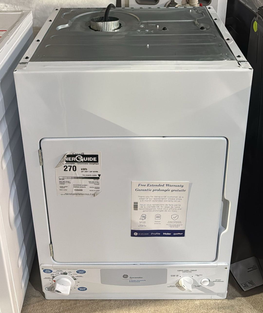 GE Profile PCKS443EBWW Electric Dryer, 3.6 cu. ft. Dryer Capacity, 4 Dry Cycles, 4 Temperature Settings, Vented, Stackable, White colour 220/240 Volts