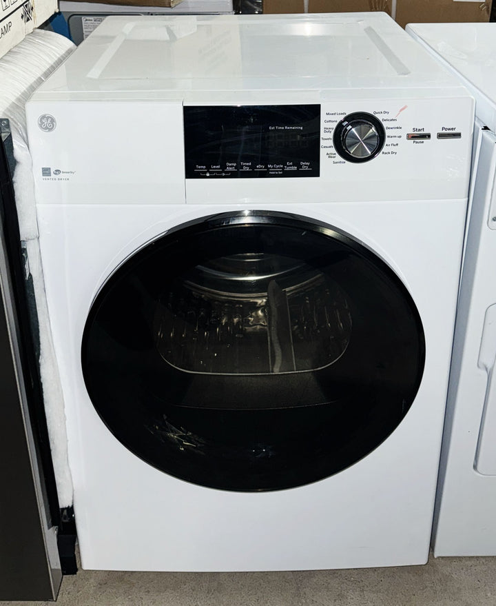 GE GFD14JSINWW Electric Dryer, 24 inch Width, 4.1 cu. ft. Capacity, 3 Temperature Settings, Stackable, Steel Drum, White colour Vented Dryer
