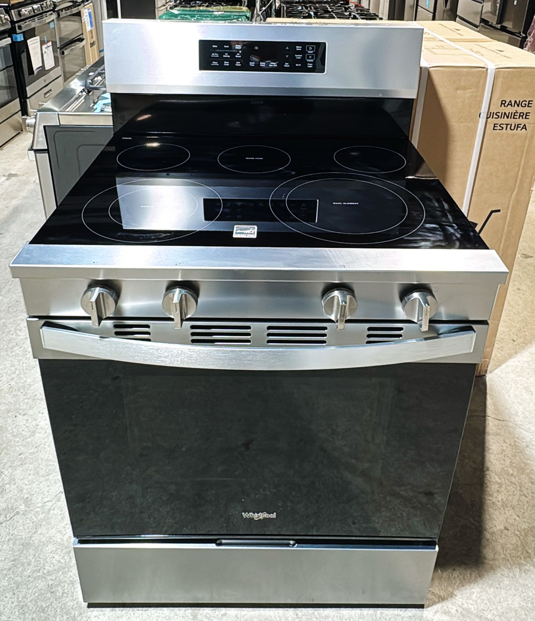 Whirlpool YWFES7030SZ Electric Range, 5.3 cu. ft. Capacity, 30 inch Exterior Width, True Convection, 5 Burners, Storage Drawer, Air Fry, Self Clean, 3,000 W Highest Element, FingerPrint Resistant Stainless Steel colour, FlexHeat™ Elements