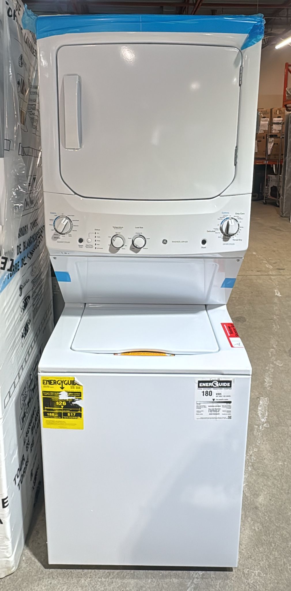 GE GUD27GSSMWW Unitized Spacemaker® 3.8 cu. ft. Capacity Washer with Stainless Steel Basket and 5.9 cu. ft. Capacity Gas Dryer