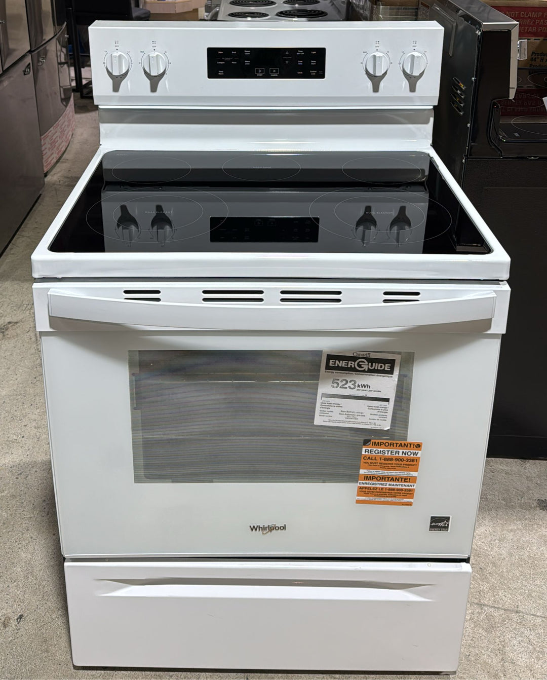 Whirlpool YWFES3330RW Electric Range, 5.3 cu. ft. Capacity, 30 inch Exterior Width, 5 Burners, Storage Drawer, Steam Clean, 3,000 W Highest Element, White colour, FlexHeat™ Elements