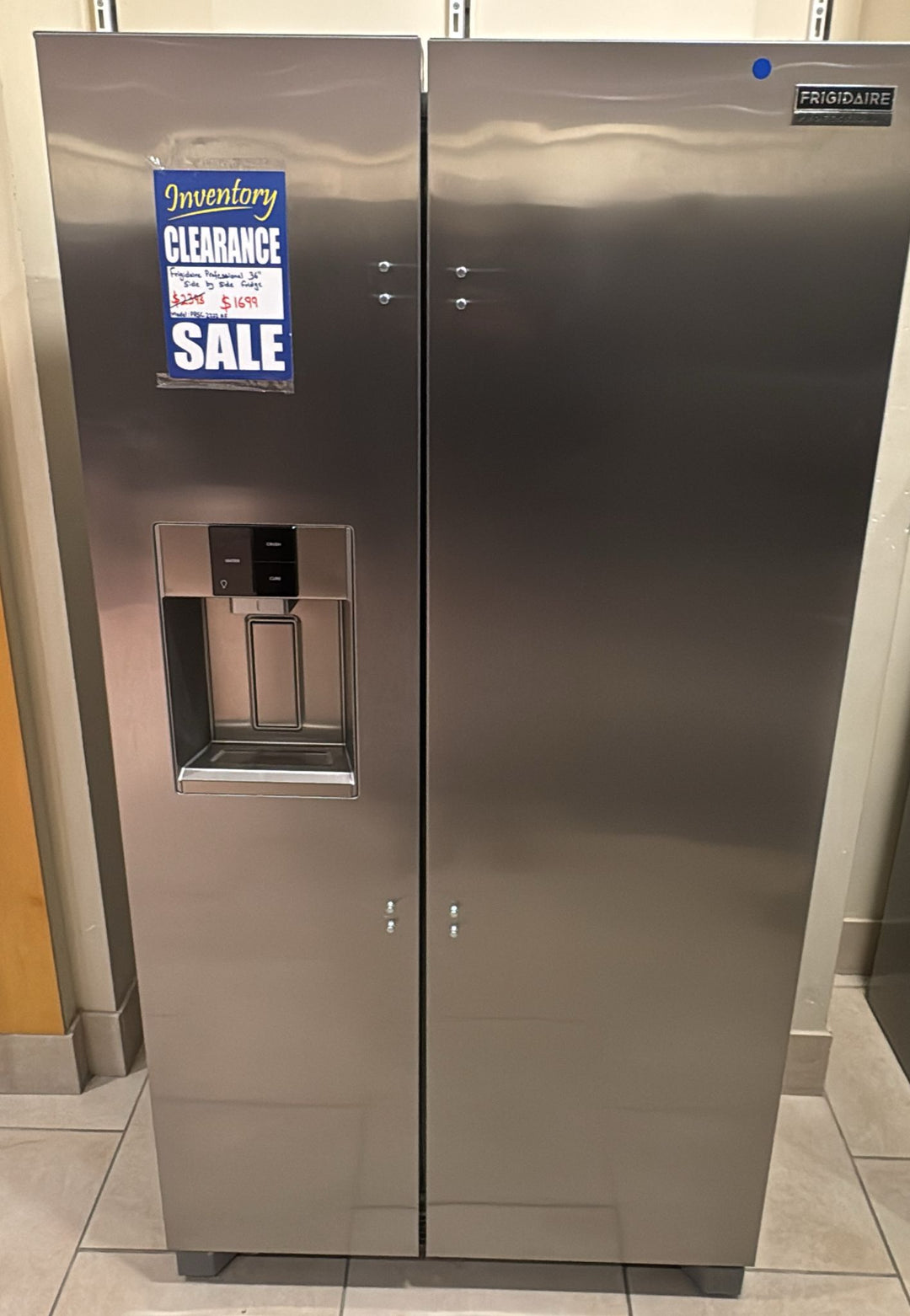 Frigidaire Professional PRSC2222AF Side by Side Refrigerator, 36 inch Width, Counter Depth, Ice Dispenser (Thru Door), Water Dispenser (Exterior), 22.3 cu. ft. Capacity, ENERGY STAR Certified, Stainless Steel colour