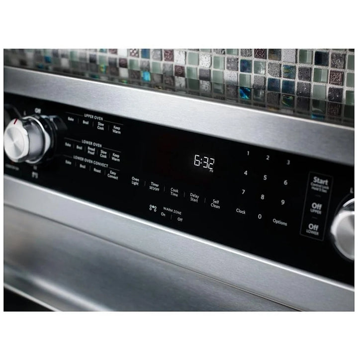 KitchenAid YKFED500ESS Electric Range, 6.7 cu. ft. Capacity, 30 inch Exterior Width, True Convection, 5 Burners, Self Clean, Double Oven, 3,200 W Highest Element, Stainless Steel colour, EasyConvect™ Telescopic Gliding Extension Rac