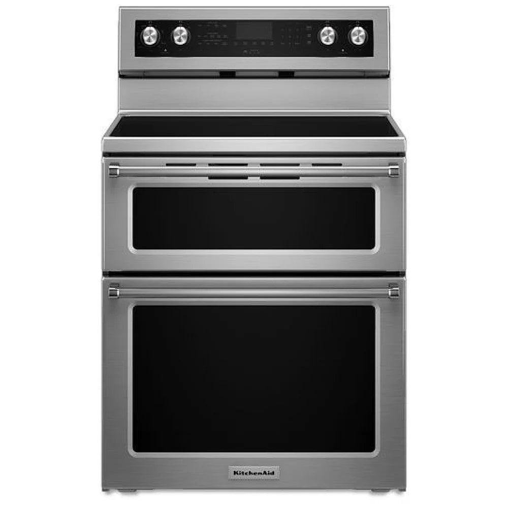KitchenAid YKFED500ESS Electric Range, 6.7 cu. ft. Capacity, 30 inch Exterior Width, True Convection, 5 Burners, Self Clean, Double Oven, 3,200 W Highest Element, Stainless Steel colour, EasyConvect™ Telescopic Gliding Extension Rac