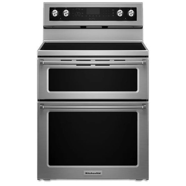 KitchenAid YKFED500ESS Electric Range, 6.7 cu. ft. Capacity, 30 inch Exterior Width, True Convection, 5 Burners, Self Clean, Double Oven, 3,200 W Highest Element, Stainless Steel colour, EasyConvect™ Telescopic Gliding Extension Rac