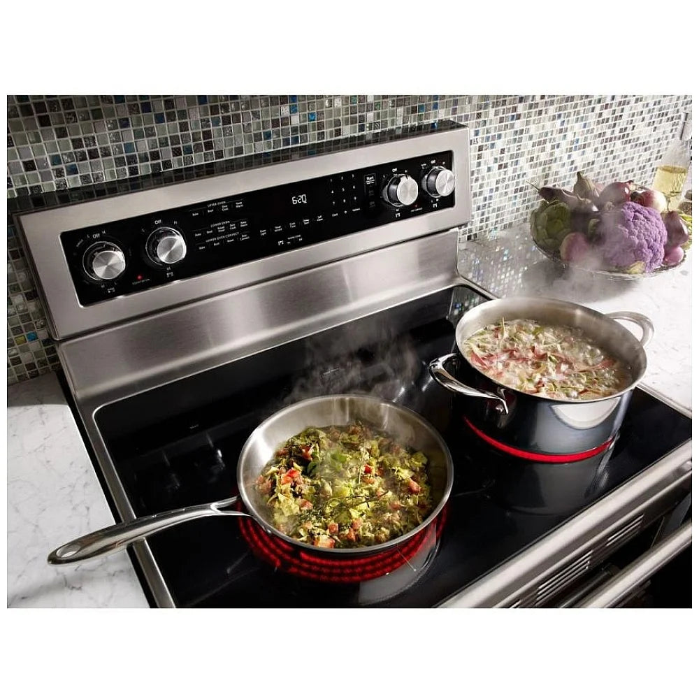 KitchenAid YKFED500ESS Electric Range, 6.7 cu. ft. Capacity, 30 inch Exterior Width, True Convection, 5 Burners, Self Clean, Double Oven, 3,200 W Highest Element, Stainless Steel colour, EasyConvect™ Telescopic Gliding Extension Rac