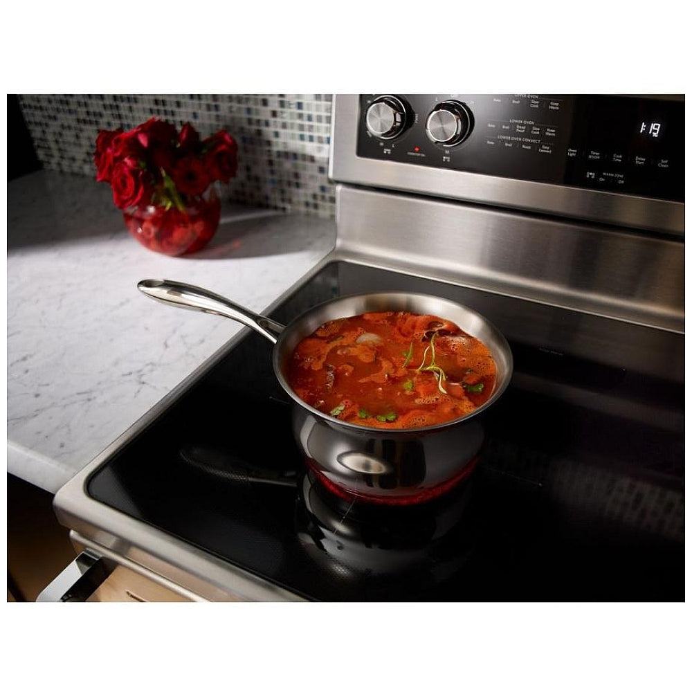 KitchenAid YKFED500ESS Electric Range, 6.7 cu. ft. Capacity, 30 inch Exterior Width, True Convection, 5 Burners, Self Clean, Double Oven, 3,200 W Highest Element, Stainless Steel colour, EasyConvect™ Telescopic Gliding Extension Rac