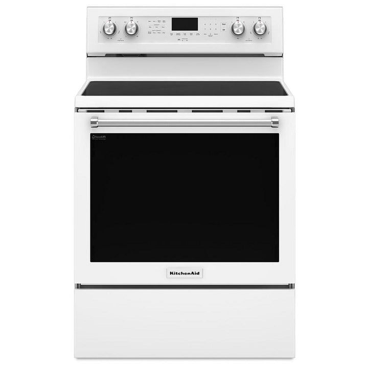KitchenAid YKFEG500EWH Range, 30 inch Exterior Width, Electric, Self Clean, Convection, 5 Burners, 6.4 cu. ft. Capacity, Storage Drawer, 1 Ovens, White colour True European Convection