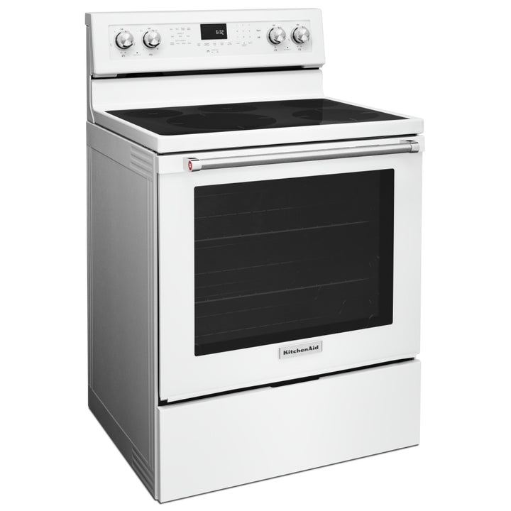 KitchenAid YKFEG500EWH Range, 30 inch Exterior Width, Electric, Self Clean, Convection, 5 Burners, 6.4 cu. ft. Capacity, Storage Drawer, 1 Ovens, White colour True European Convection
