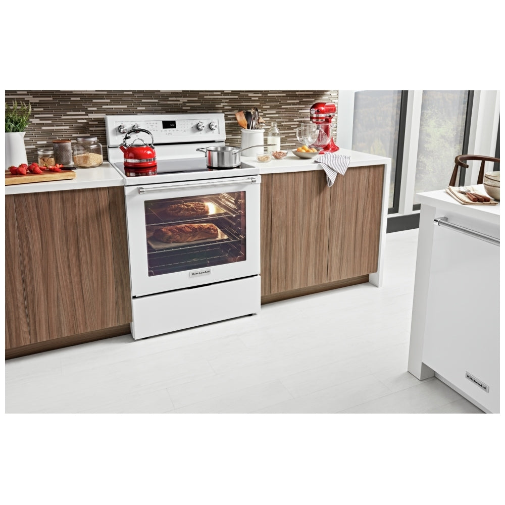 KitchenAid YKFEG500EWH Range, 30 inch Exterior Width, Electric, Self Clean, Convection, 5 Burners, 6.4 cu. ft. Capacity, Storage Drawer, 1 Ovens, White colour True European Convection