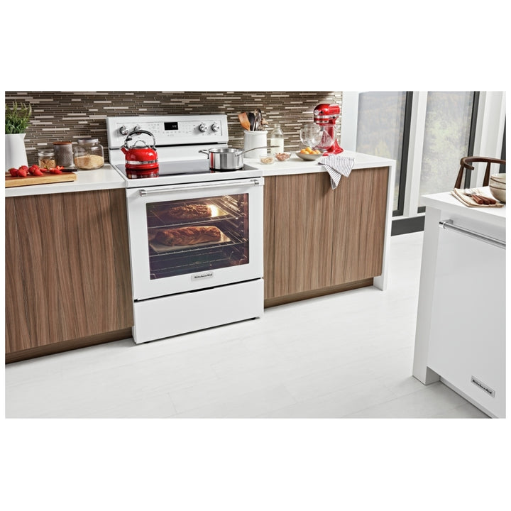 KitchenAid YKFEG500EWH Range, 30 inch Exterior Width, Electric, Self Clean, Convection, 5 Burners, 6.4 cu. ft. Capacity, Storage Drawer, 1 Ovens, White colour True European Convection