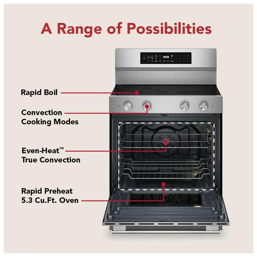KitchenAid YKFES530SPS Electric Range, 5.3 cu. ft. Capacity, 30 inch Exterior Width, True Convection, 5 Burners, Storage Drawer, Air Fry, Manual Clean, 3,000 W Highest Element, FingerPrint Resistant Stainless Steel colour, Even-Heat™, PrintShield™ Finish
