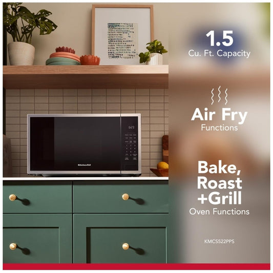 KitchenAid YKMCS122SPS Countertop Microwave, 22 inch Exterior Width, 1.6 cu. ft. Capacity, 1,100 W Watts, Print Shield Stainless Steel color Category: Countertop Microwaves