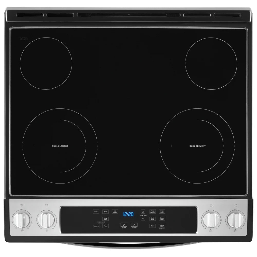 Whirlpool YWEE515S0LS Electric Range, 4.8 cu. ft. Capacity, 30 inch Exterior Width, 4 Burners, Storage Drawer, Self Clean, 3,000 W Highest Element, Stainless Steel colour, FlexHeat™ Elements, Frozen Bake