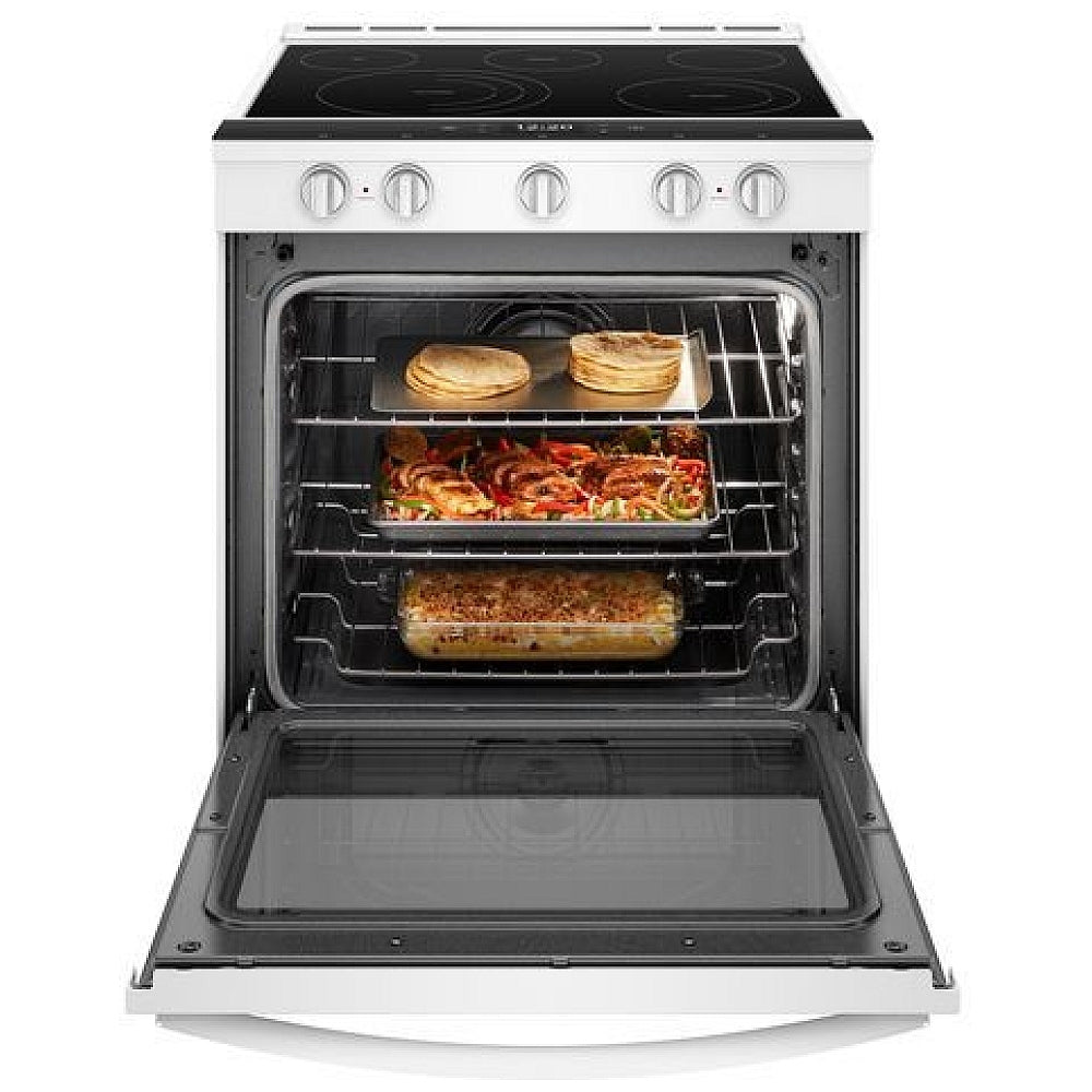 Whirlpool YWEE750H0HW Electric Range, 6.4 cu. ft. Capacity, 30 inch Exterior Width, True Convection, 5 Burners, Storage Drawer, Yes, Self Clean, 3,000 W Highest Element, White colour, FlexHeat™ Elements, Frozen Bake™ True European Convection