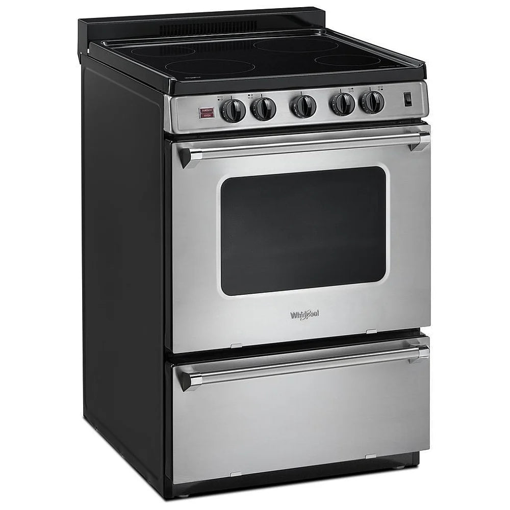 Whirlpool YWFE50M4HS Electric Range, 2.96 cu. ft. Capacity, 24 inch Exterior Width, 4 Burners, Storage Drawer, Manual Clean, 2,000 W Highest Element, Stainless Steel colour, Upswept SpillGuard™