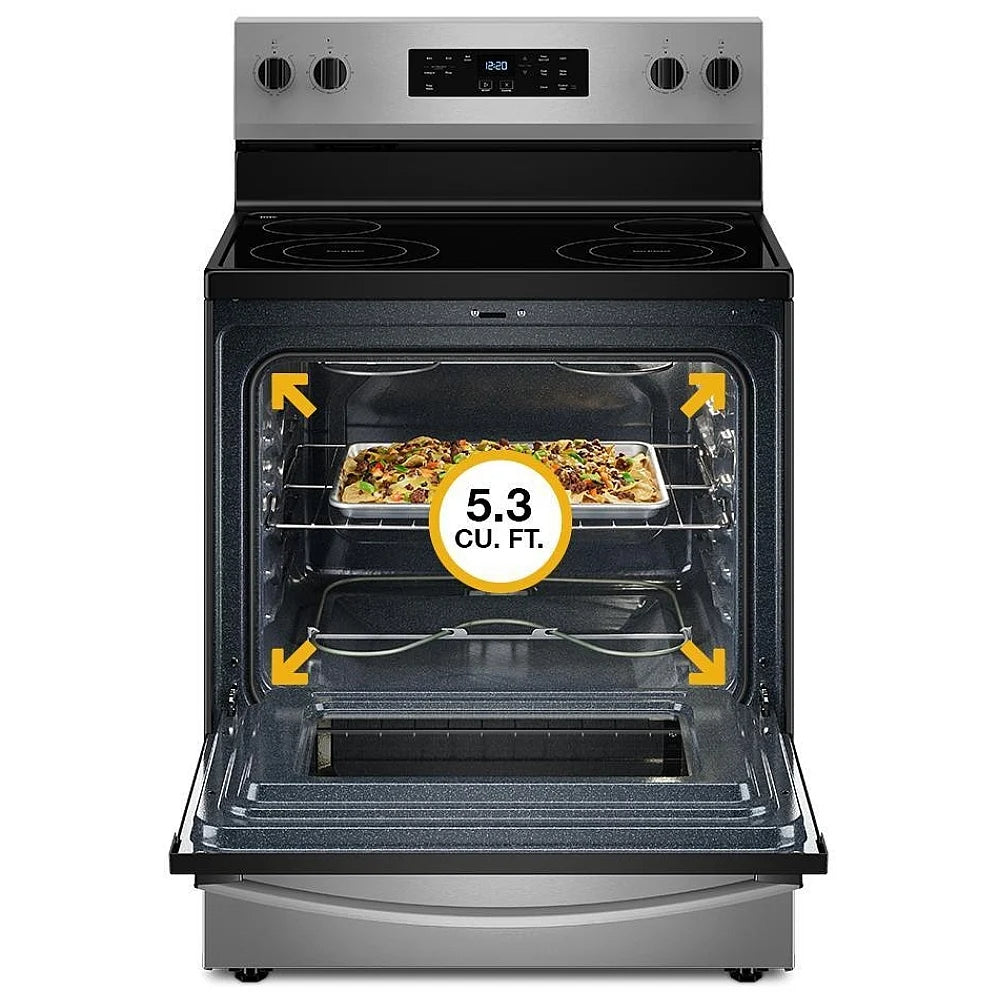 Whirlpool YWFES3330RB Electric Range, 5.3 cu. ft. Capacity, 30 inch Exterior Width, 5 Burners, Storage Drawer, Steam Clean, 3,000 W Highest Element, Black colour, FlexHeat™ Elements