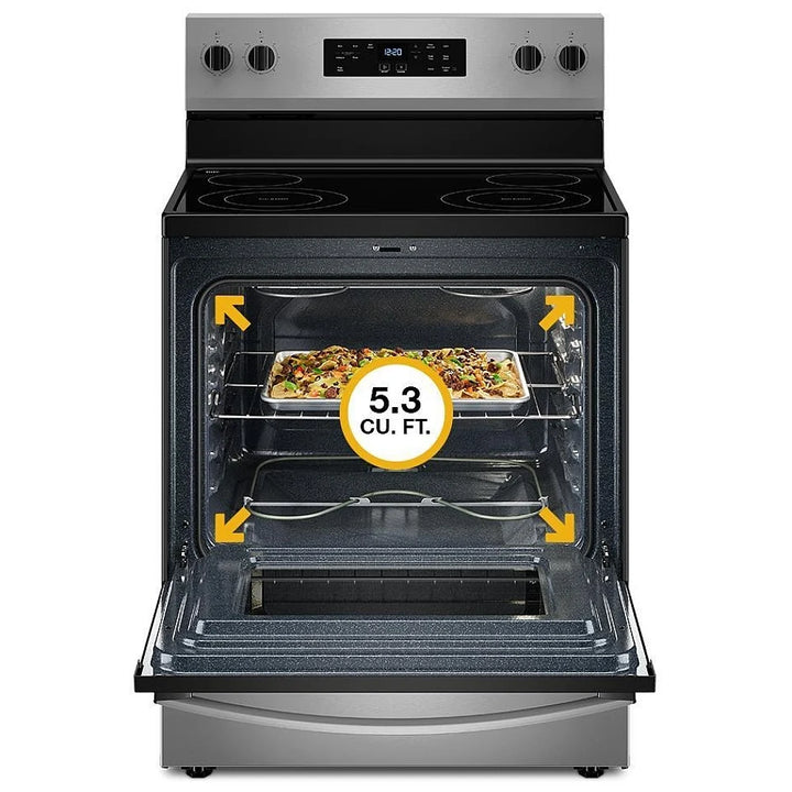 Whirlpool YWFES3330RB Electric Range, 5.3 cu. ft. Capacity, 30 inch Exterior Width, 5 Burners, Storage Drawer, Steam Clean, 3,000 W Highest Element, Black colour, FlexHeat™ Elements