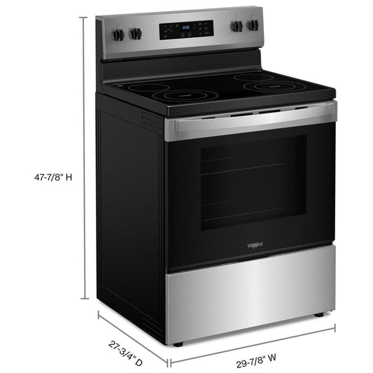 Whirlpool YWFES3530RS Electric Range, 5.3 cu. ft. Capacity, 30 inch Exterior Width, 4 Burners, Storage Drawer, Self Clean, 3,000 Watts Highest Burner Element, Stainless Steel color