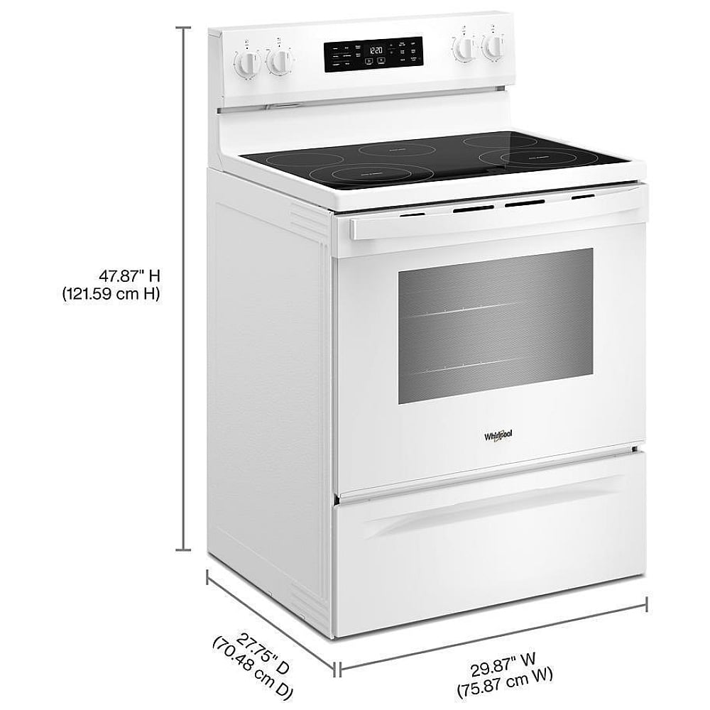 Whirlpool YWFES4530SW Electric Range, 30 inch Exterior Width, Convection, 5 Burners, Storage Drawer, Air Fry, 3,000 Watts Highest Burner Element, White colour, FlexHeat™ Elements