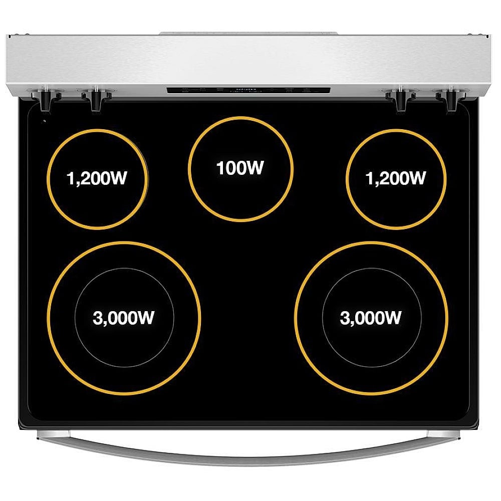 Whirlpool YWFES4530SW Electric Range, 30 inch Exterior Width, Convection, 5 Burners, Storage Drawer, Air Fry, 3,000 Watts Highest Burner Element, White colour, FlexHeat™ Elements