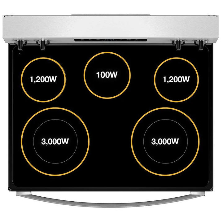 Whirlpool YWFES4530SW Electric Range, 5.3 cu. ft. Capacity, 30 inch Exterior Width, Convection, 5 Burners, Storage Drawer, Air Fry, Steam Clean