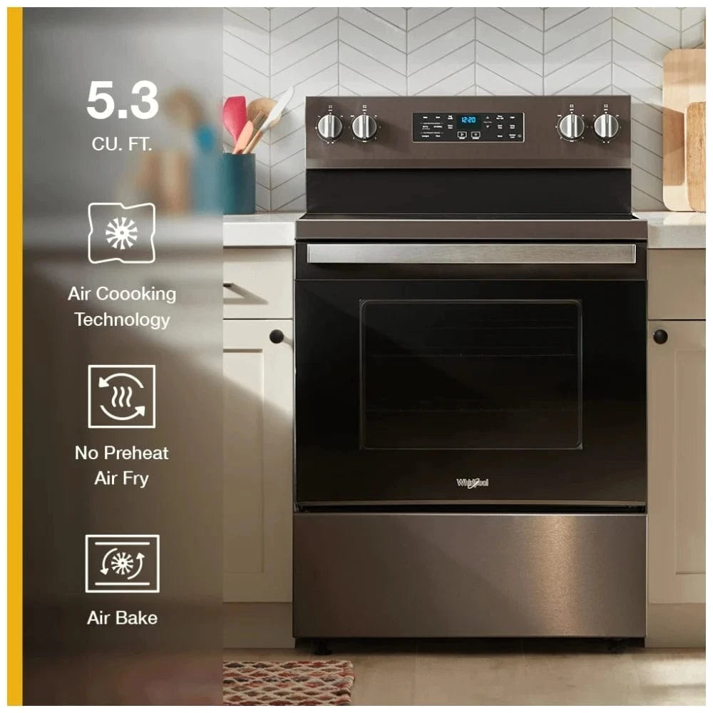 Whirlpool YWFES5030RV Electric Range, 5.3 cu. ft. Capacity, 30 inch Exterior Width, Convection, 5 Burners, Storage Drawer, Air Fry, Self Clean, 3,000 Watts Highest Burner Element, Black Stainless Steel colour