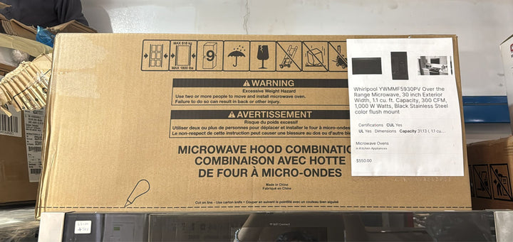Whirlpool YWMMF5930PV Over the Range Microwave, 30 inch Exterior Width, 1.1 cu. ft. Capacity, 300 CFM, 1,000 W Watts