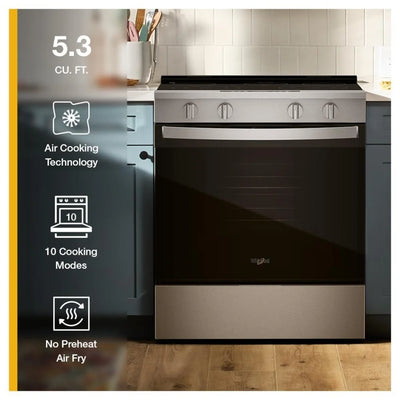 Whirlpool YWSES4530TZ Whirlpool YWSES4530TZ Electric Range, 5.3 cu. ft. Capacity, 30 inch Exterior Width, 5 Burners, Storage Drawer, Air Fry, Steam Clean, 3,000 W Highest Element, Fingerprint Resistant Stainless Steel colour, FlexHeat™ Elements