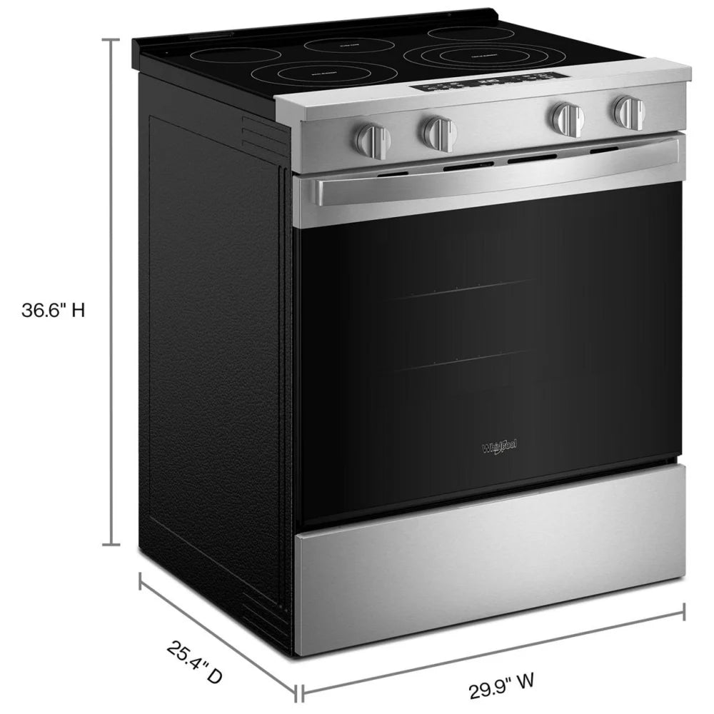 Whirlpool YWSES5030SZ Electric Range, 5.3 cu. ft. Capacity, 30 inch Exterior Width, Convection, 5 Burners, Storage Drawer, Air Fry, Steam & Self Clean, 3,000 W Highest Element, FingerPrint Resistant Stainless Steel colour, WipeClean™