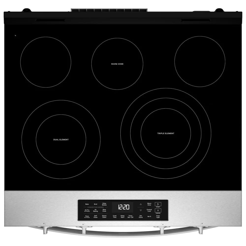Whirlpool YWSES5030SZ Electric Range, 5.3 cu. ft. Capacity, 30 inch Exterior Width, Convection, 5 Burners, Storage Drawer, Air Fry, Steam & Self Clean, 3,000 W Highest Element, FingerPrint Resistant Stainless Steel colour, WipeClean™