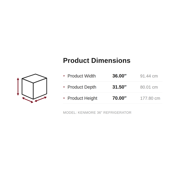 Kenmore 36 inch refrigerator product dimensions: 36.00 W x 31.50 D x 70.00 H inches