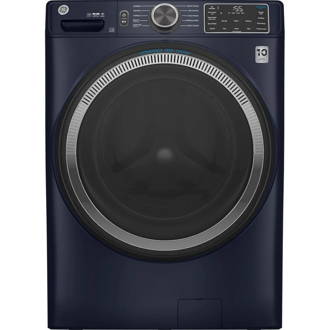 GE GFW550SPRRS 28 Inch Smart Front Load Washer with 4.8 cu. ft. Capacity, 10 Cycles, UltraFresh Vent System With OdorBlock™, Microban® Antimicrobial Technology, 1300 RPM, Sanitize with Oxi, Time Saver Option, Sanitize Cycle and Self Clean: Sapphire Blue
