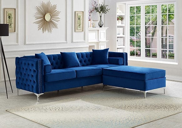 IF-9284 IF-9285 -Blue Velvet & Reversible & Sofa Sectional With Deep Tufting and nail head Details, Chrome legs and Accent Pillows.