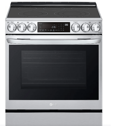 LG LSEL6335F Range, 30" Exterior Width, Electric Range, Glass Burners (Electric), Convection, 5 Burners, 6.3 cu. ft. Capacity, Storage Drawer, Air Fry, 1 Ovens, Wifi Enabled, 3200W, Front Controls, Stainless Steel colour True European Convection